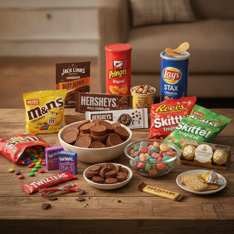 Assorted American snacks wooden surface