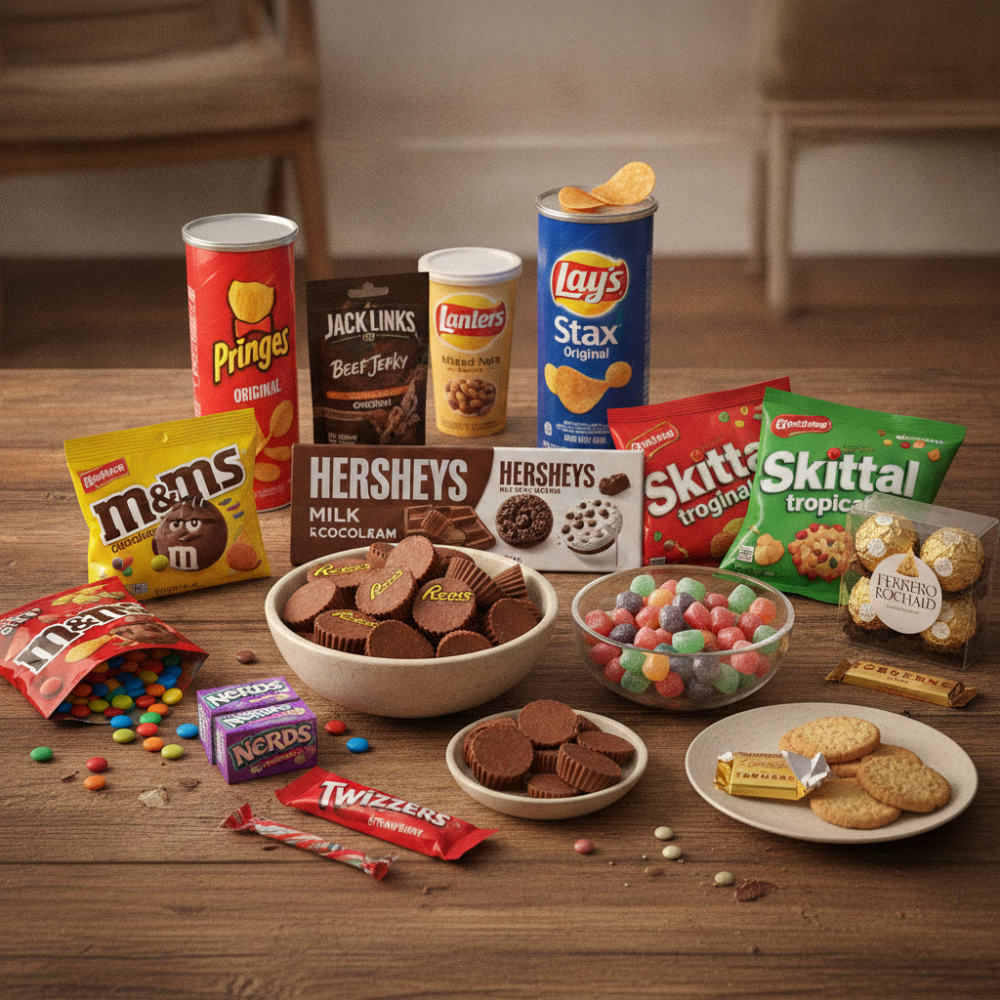 Blandade amerikanska snacks och godis