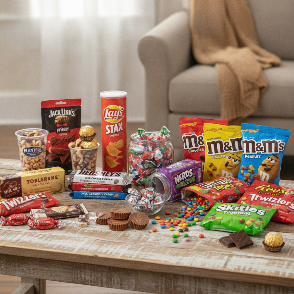 Blandade amerikanska snacks och godis