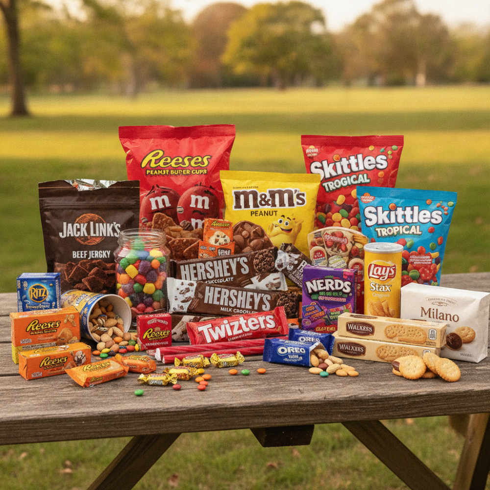 Blandade amerikanska snacks träbord