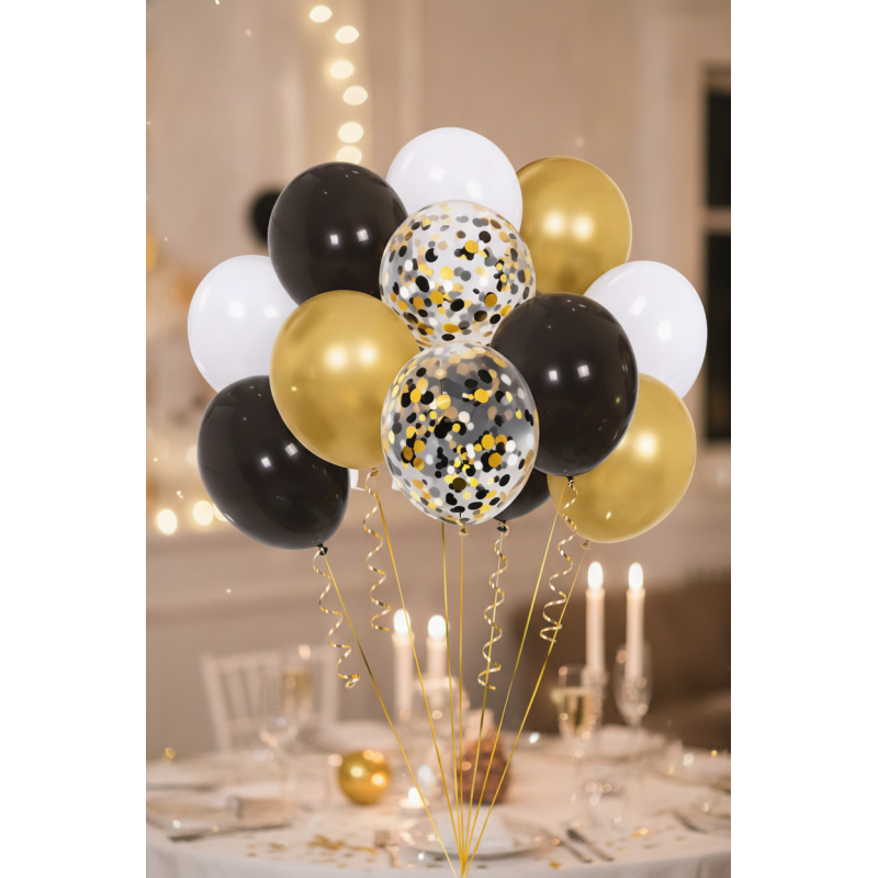 Luxury Party Balloon Set - 10pc Black, White & Gold Mix