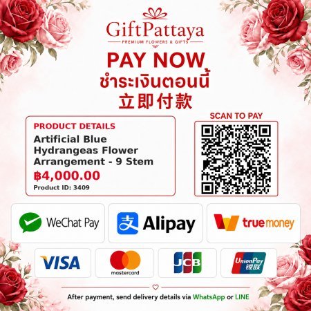 Pay Artificial Blue Hydrangeas Flower Arrangement - 9 Stem Vase with Pay.sn - GiftPattaya