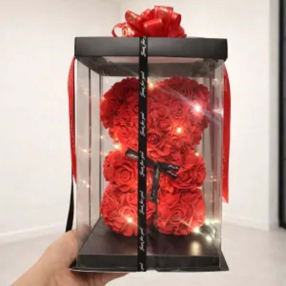 No. R40 | Rose Bear Box with Light – หมีกุหลาบในกล่องพร้อมไฟ
