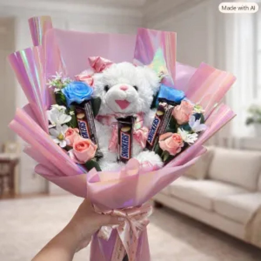 ช่อตุ๊กตา พร้อมช็อคโกแล็ต ดอกไม้ประดิษฐ์ doll with chocolate #7171 - Home delivery in Pattaya