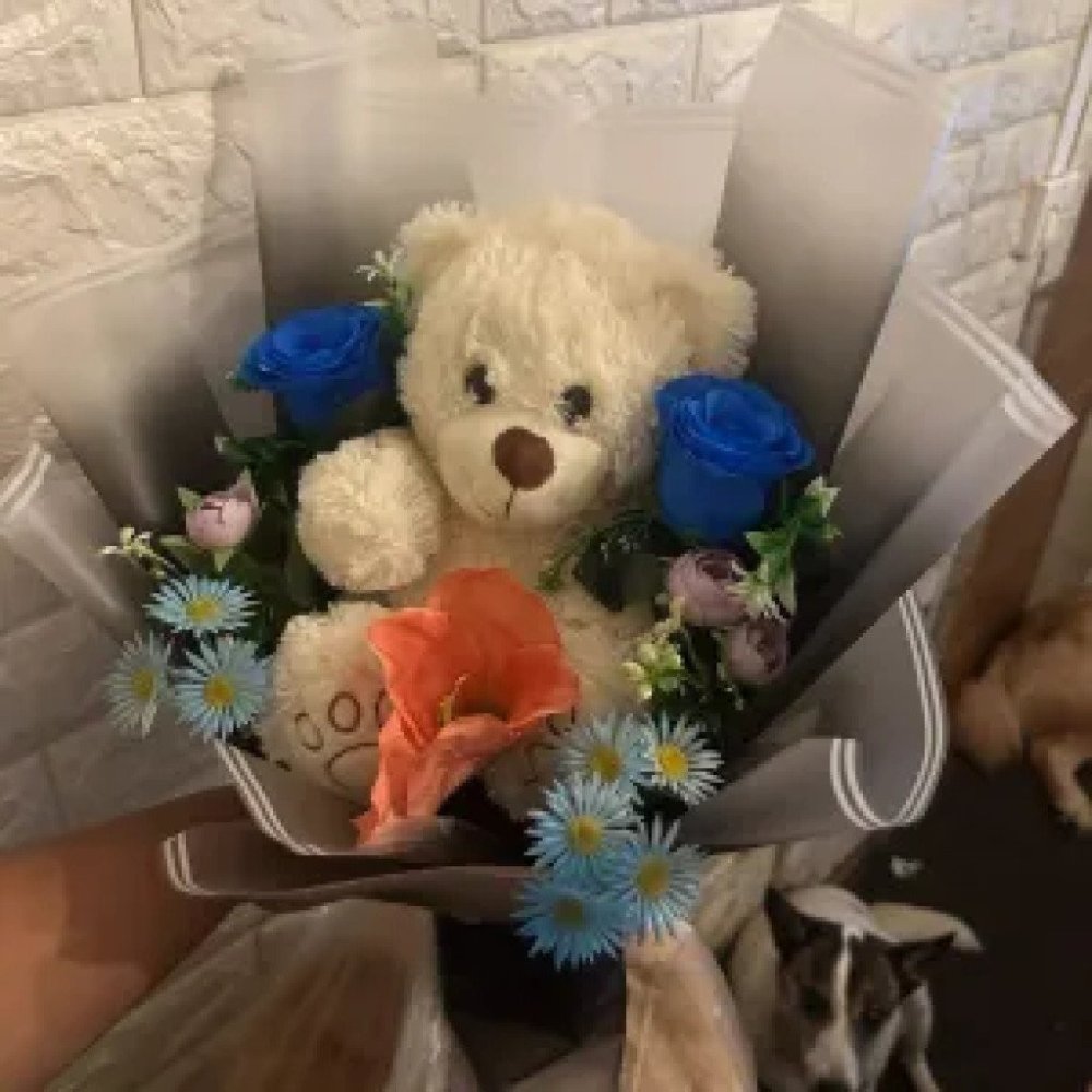 No. 28 | Teddy Bear Bouquet – ช่อตุ๊กตาหมีพร้อมดอกไม้ประดิษฐ์ #7176 - Home delivery in Pattaya