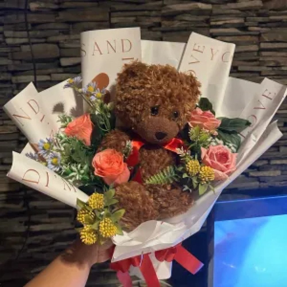 No. 30 | Teddy Bear Bouquet – ตุ๊กตาหมีพร้อมช่อดอกไม้ประดิษฐ์ #7189 - Home delivery in Pattaya