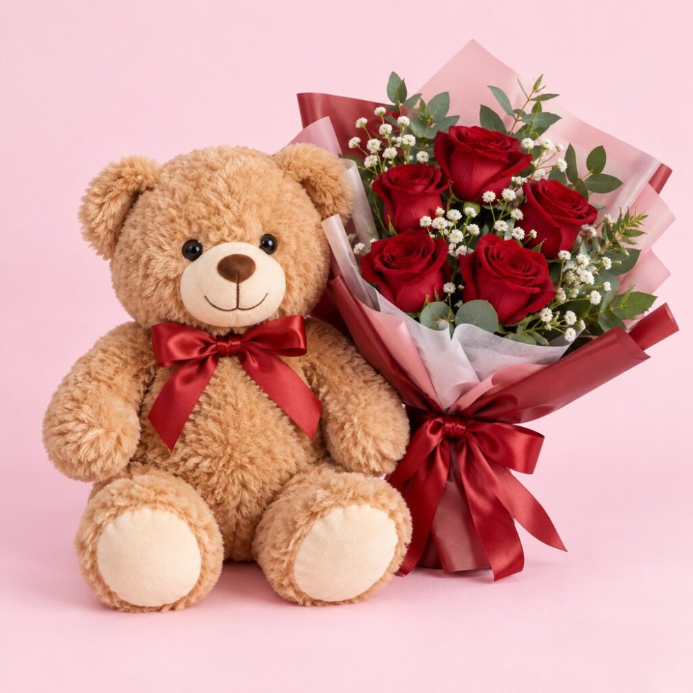 Teddy Bear & Rose Flower Bouquet Gift Set | Rayong Plush