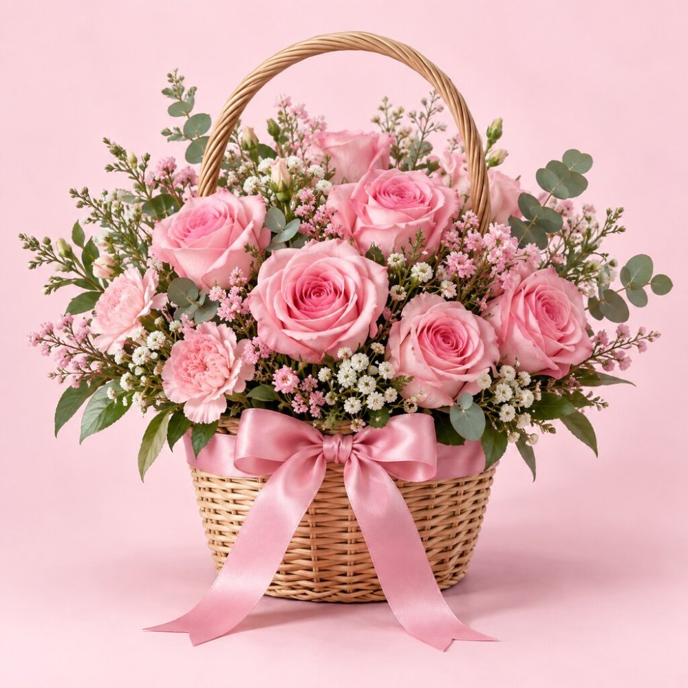 Pink Rose Decorative Flower Basket - Rayong | Home Decor