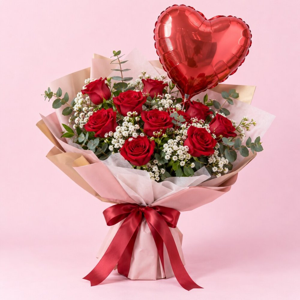 Rose & Balloon Floral Bouquet Gift Arrangement - Rayong