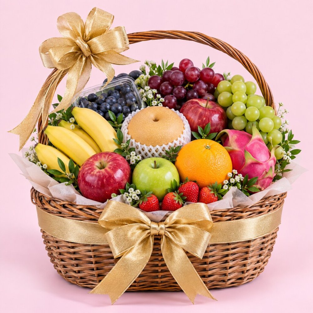 Fruit Gift Set | Fresh Gold Ribbon Fruit Set - Premium Basket #5654