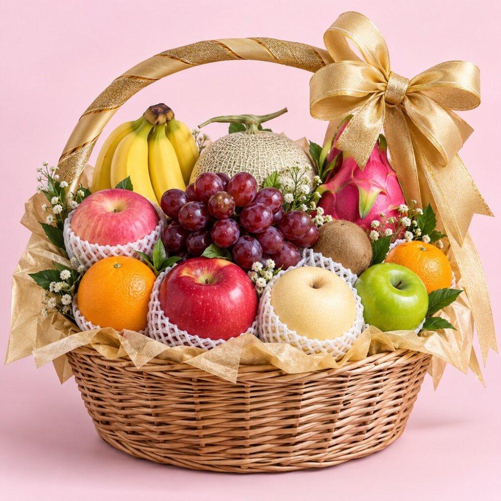 Fruit Gift Set | Imported Gold Ribbon Luxury Basket