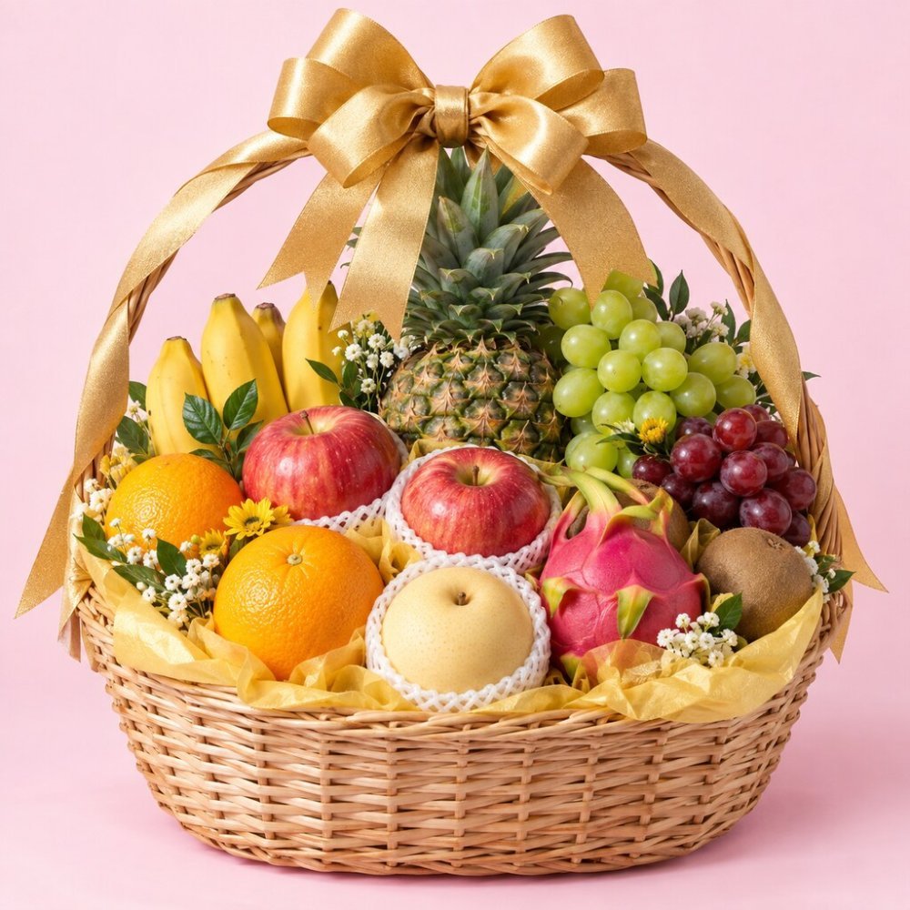 Fruit Gift Set | Fresh Gold Ribbon Fruit Set - Premium Basket #5754