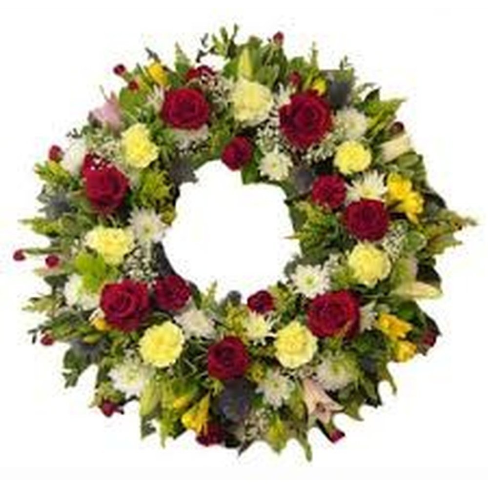 Corona de condolències de color carmesí i crema