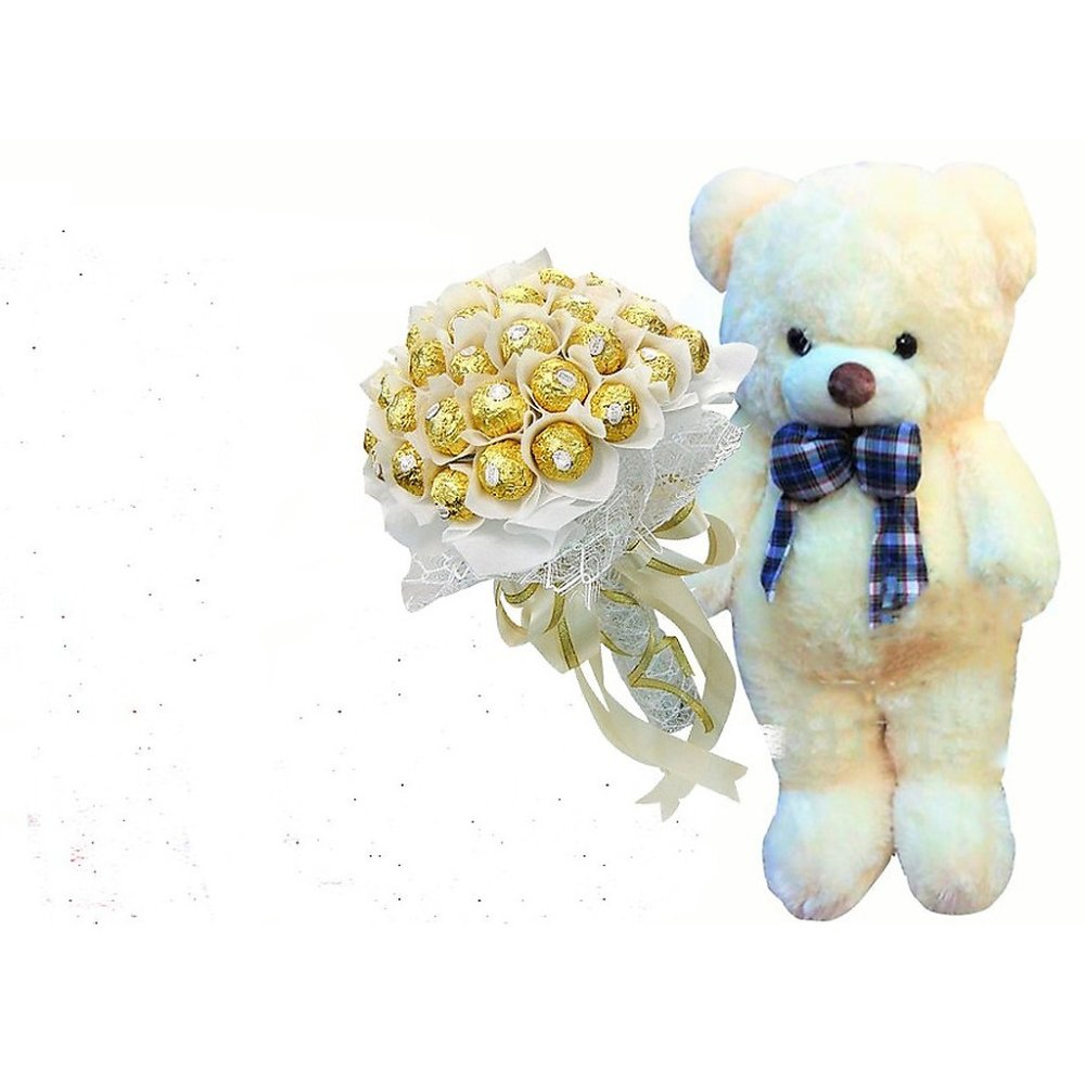 Teddy bear with chocolate bouquet
