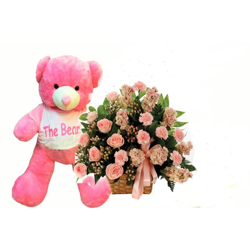 VALENTINE GIFT FLOWERS  WITH TEDDY BEAR SIZE 70 CM