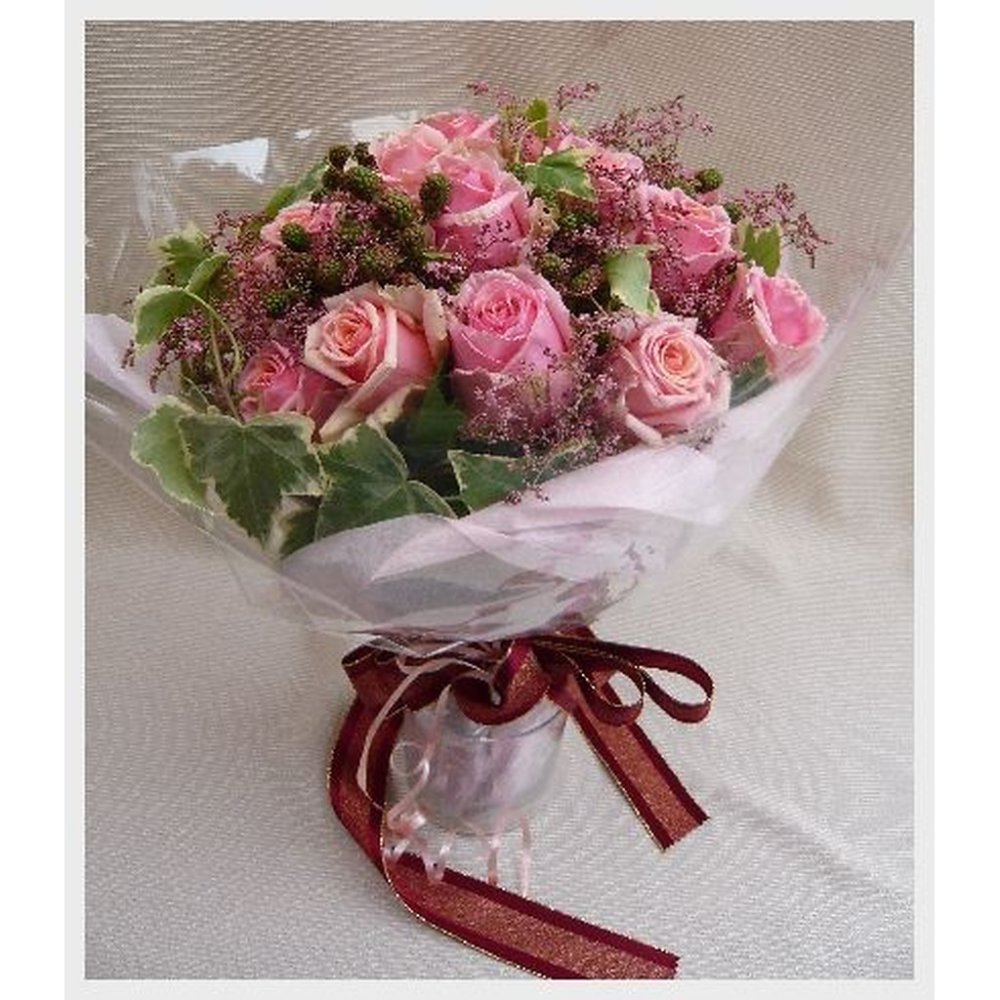 Pink rose bouquet burgundy ribbon