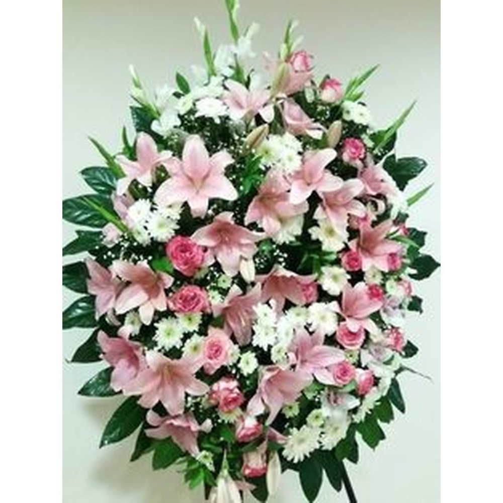 Coronal de flors per a funeral oval rosa i blanc