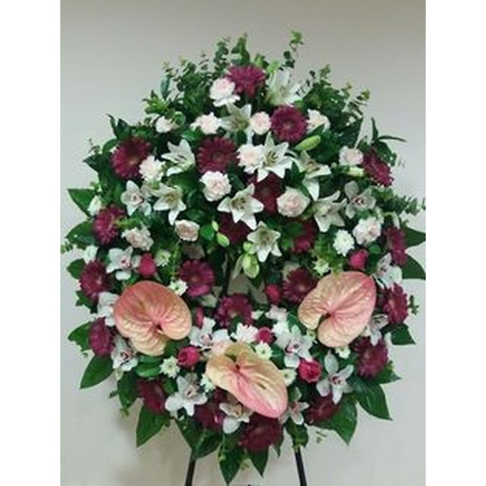 Pol floral de condolències bordeus i blanc