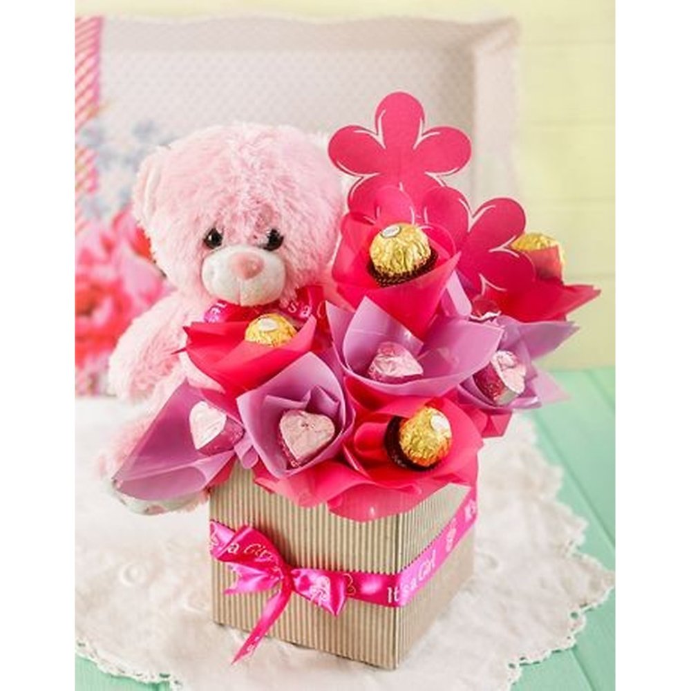 Pink teddy bear chocolate bouquet
