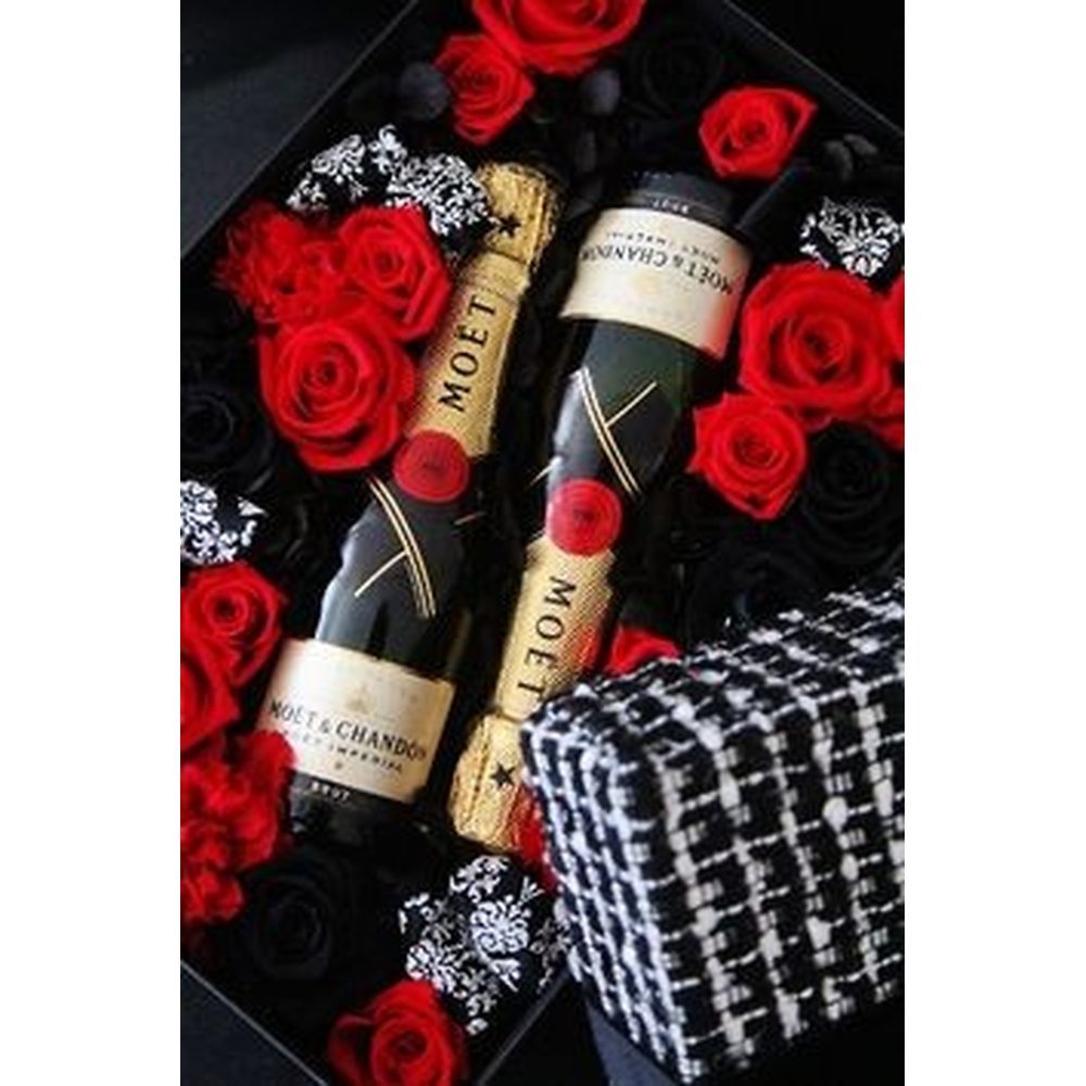 Caixa de agasallo de champaña Moët con rosas vermellas