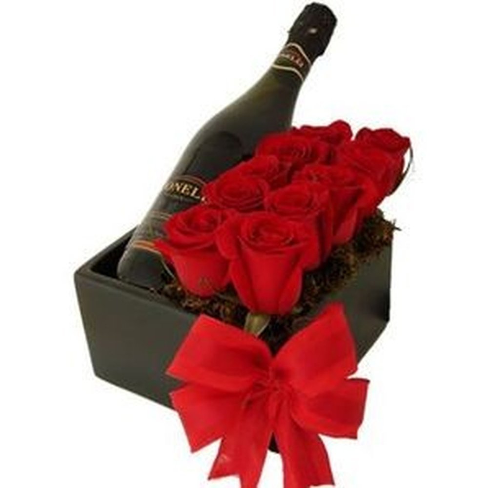 Coffret cadeau champagne et roses rouges