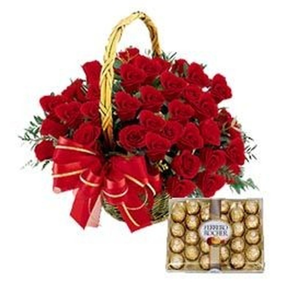 Red roses basket and chocolates