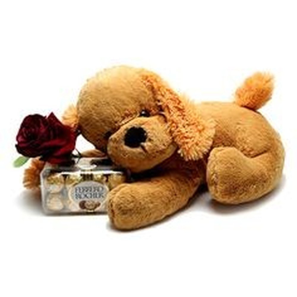 Brown plush dog red rose