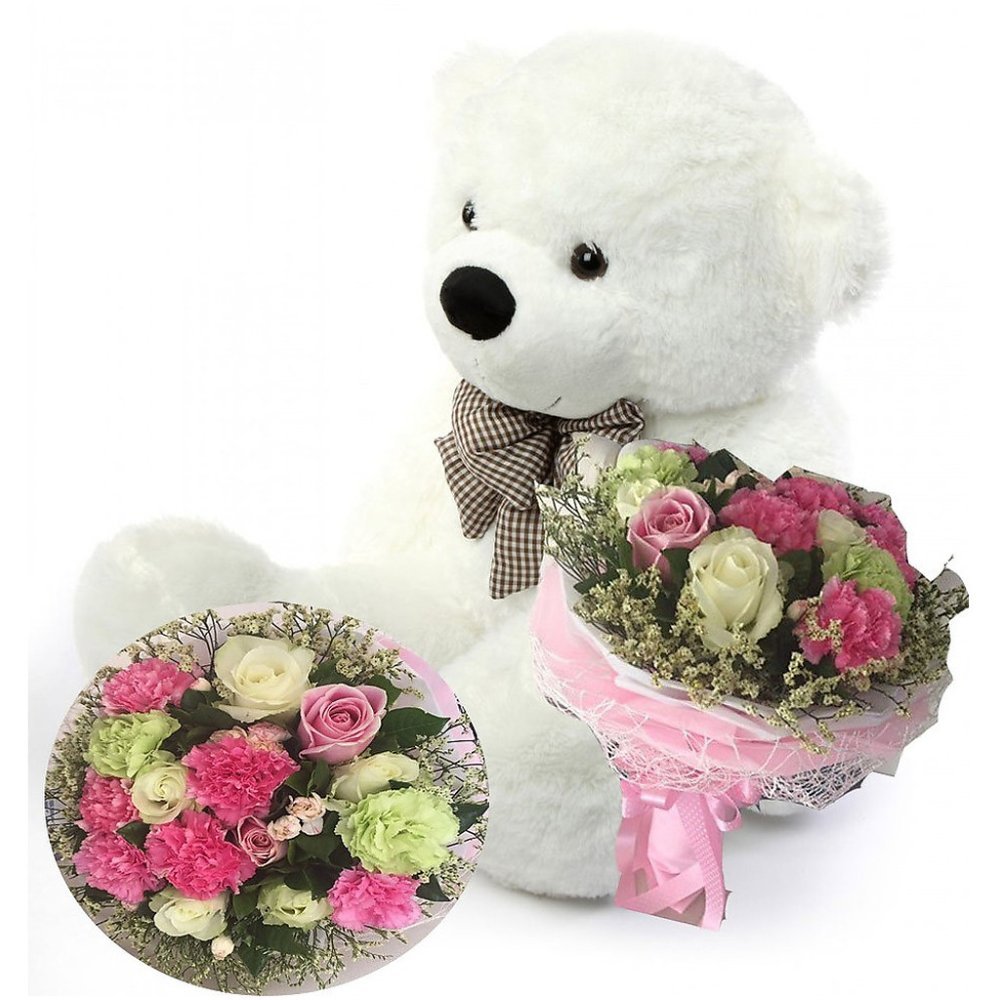 White teddy bear floral bouquet