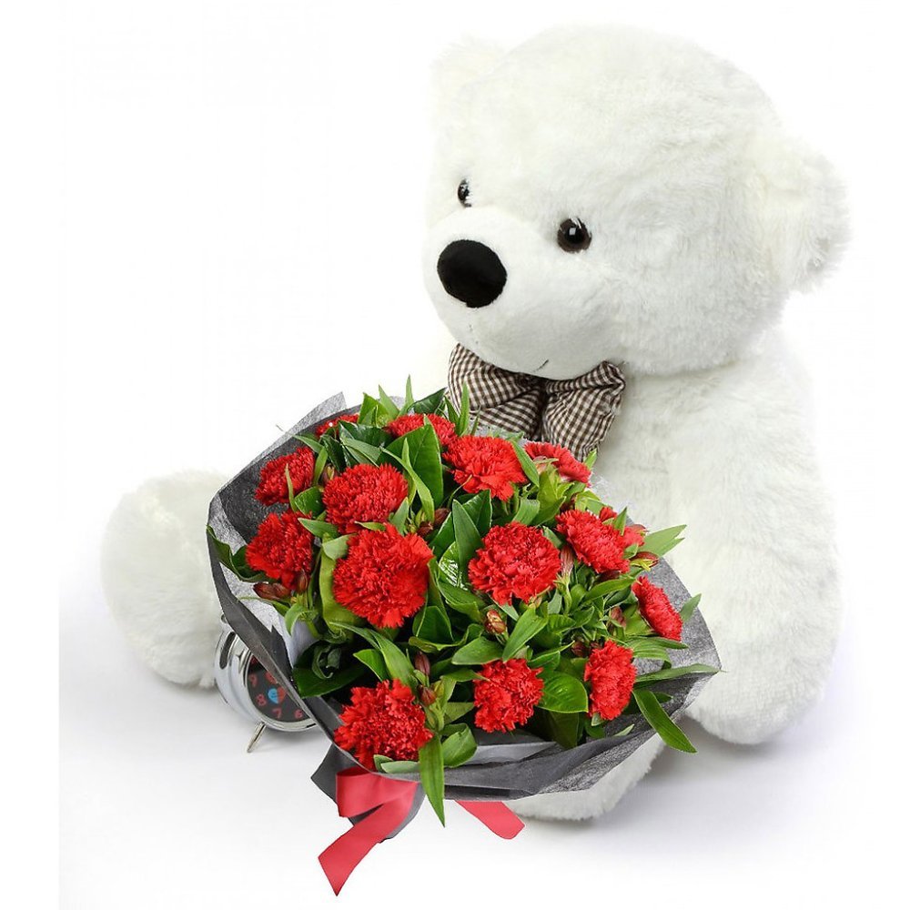 White teddy bear red carnations