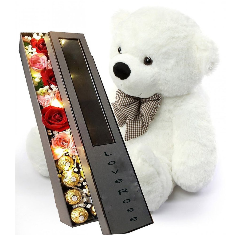 Flower box chocolates teddy bear
