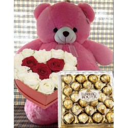 VALENTINE GIFT FLOWER IN BOX  WITH TEDDY BEAR AND CHOCOLATE
