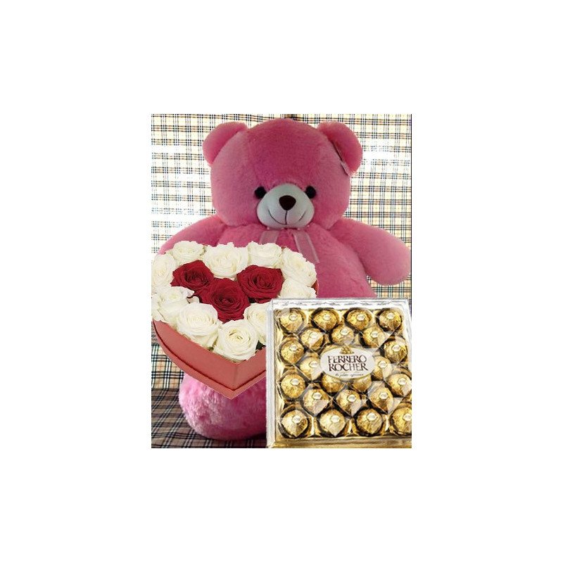 VALENTINE GIFT FLOWER IN BOX  WITH EDDY BEAR AND CHOCOLATE