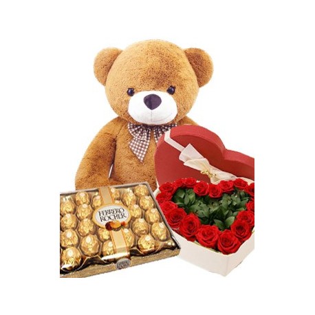 VALENTINE GIFT FLOWER IN BOX  WITH EDDY BEAR AND CHOCOLATE