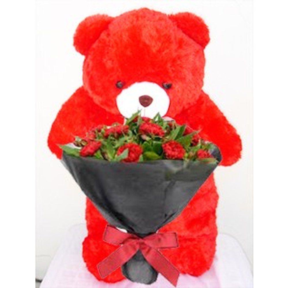 Oso de peluche rojo sosteniendo rosas