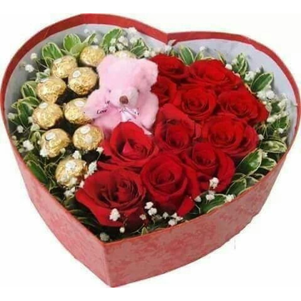 Caja de corazón rosas oso chocolates