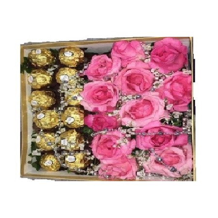 pink full roses with chocolate in box