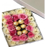 mix roses in box with chocolate