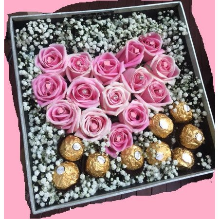 roses in box with chocolate