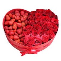roses in box with fruit