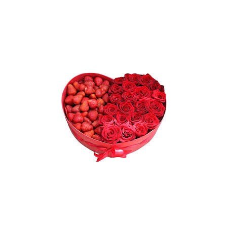 roses in box with fruit