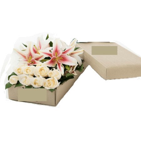 2 Lillies and 8 roses in box