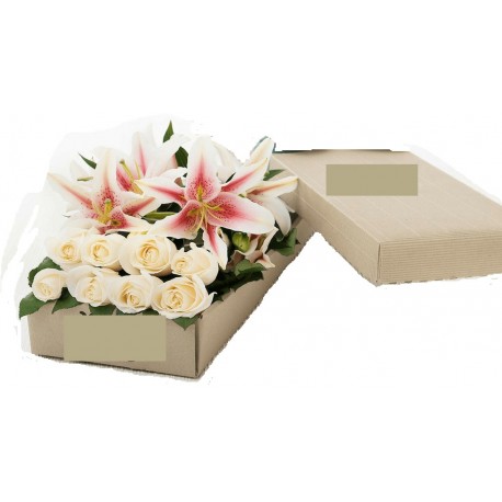 2 Lillies and 8 roses in box