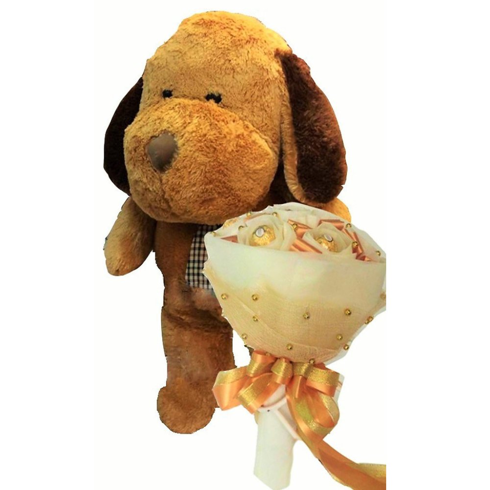 Plysjhund med kunstige roser