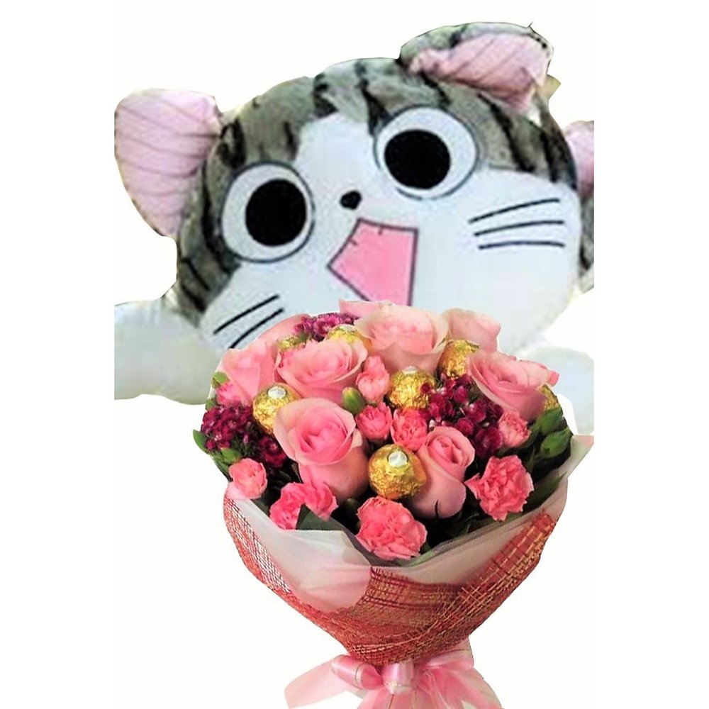 Cat plush and pink roses