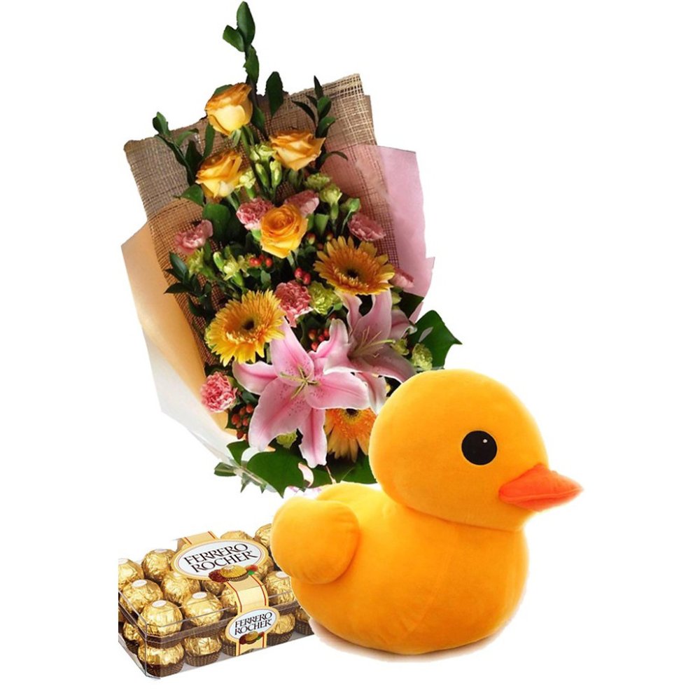 Flowers, plush duck, chocolate set