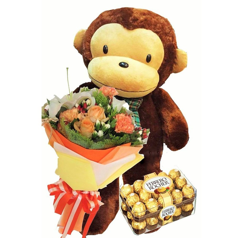 Peluche de mono, flores, set de chocolate