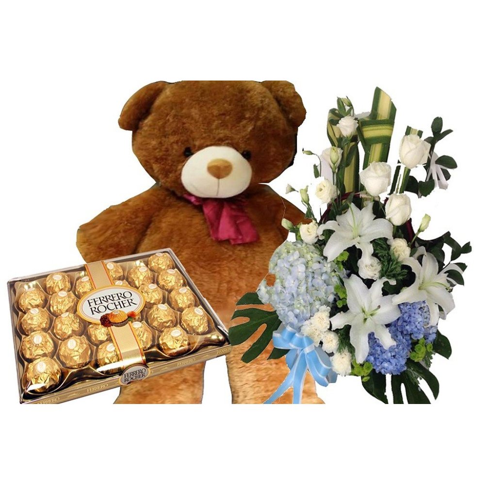Teddy bear, flowers, chocolate bundle