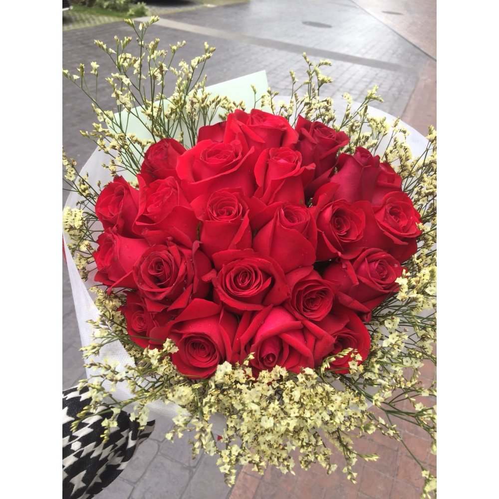 Rosas rojas y gypsophila