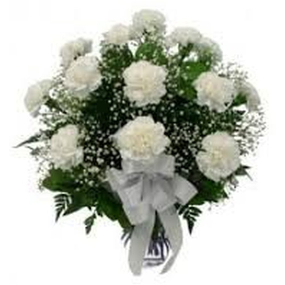 White carnation bouquet silver ribbon