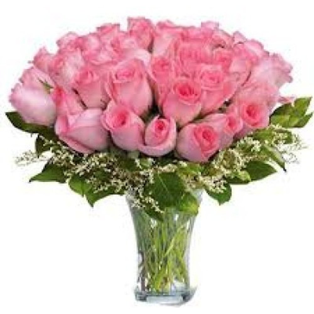Pink Roses Bouquet | Glass Vase - 35 Premium Flowers - Vase of Flowers delivery in Pattaya